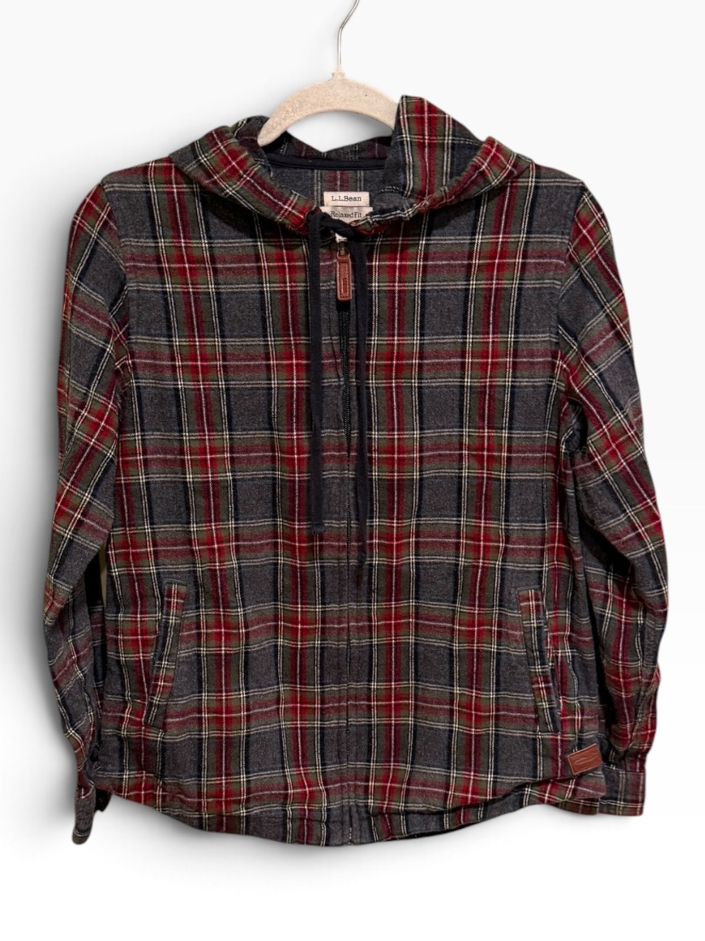 L.L. Bean Red & Gray Plaid Hooded Zip-Up Flannel with Leather Accents
